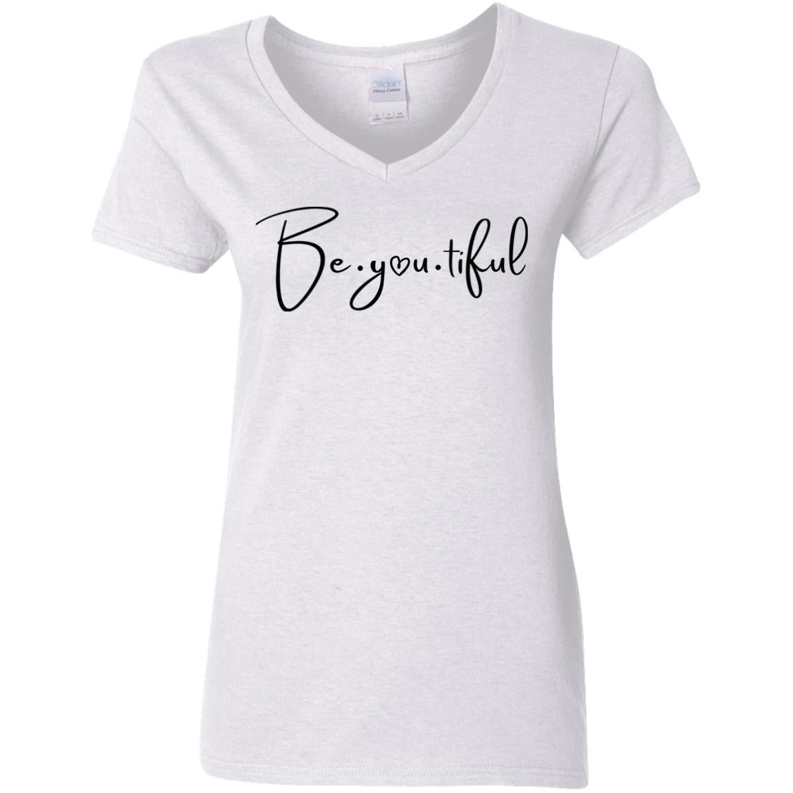 Beyoutiful V-Neck T-Shirt - White - black lettering