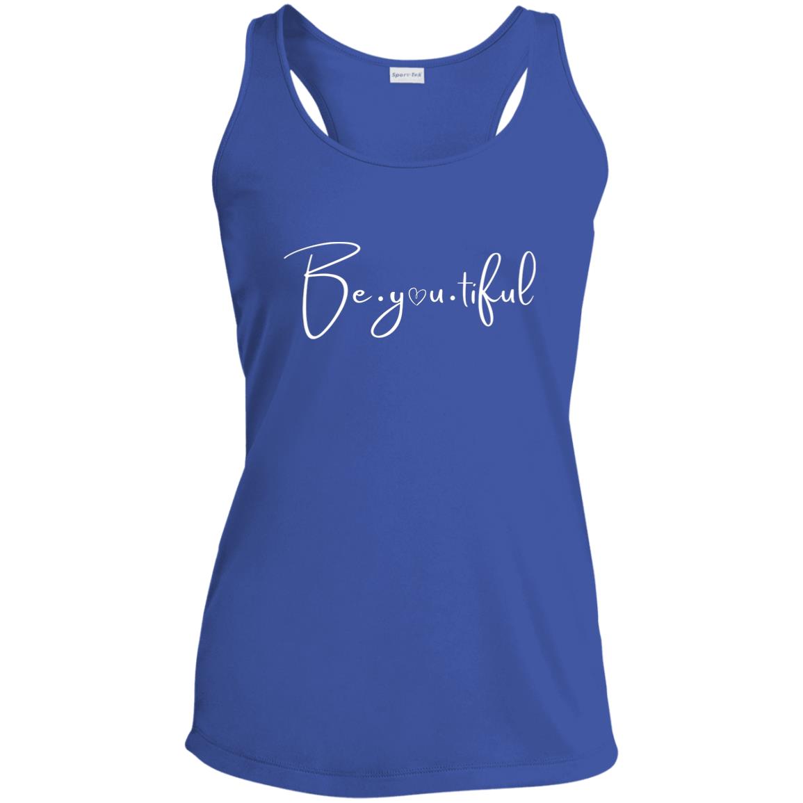 Beyoutiful Racerback Tank - blue - white Lettering