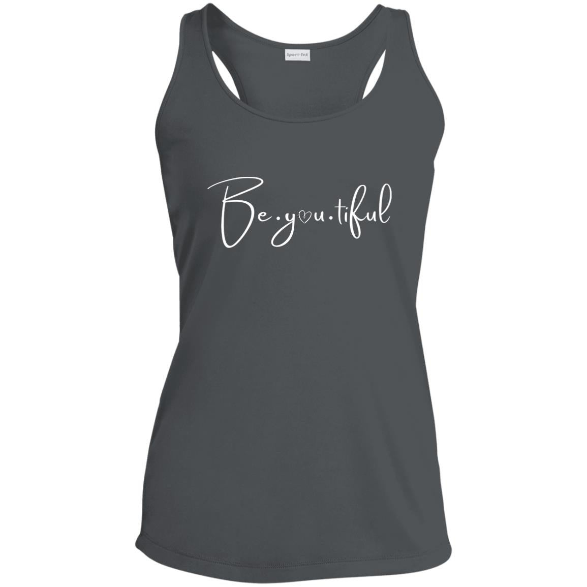 Beyoutiful Racerback Tank - gray - white Lettering