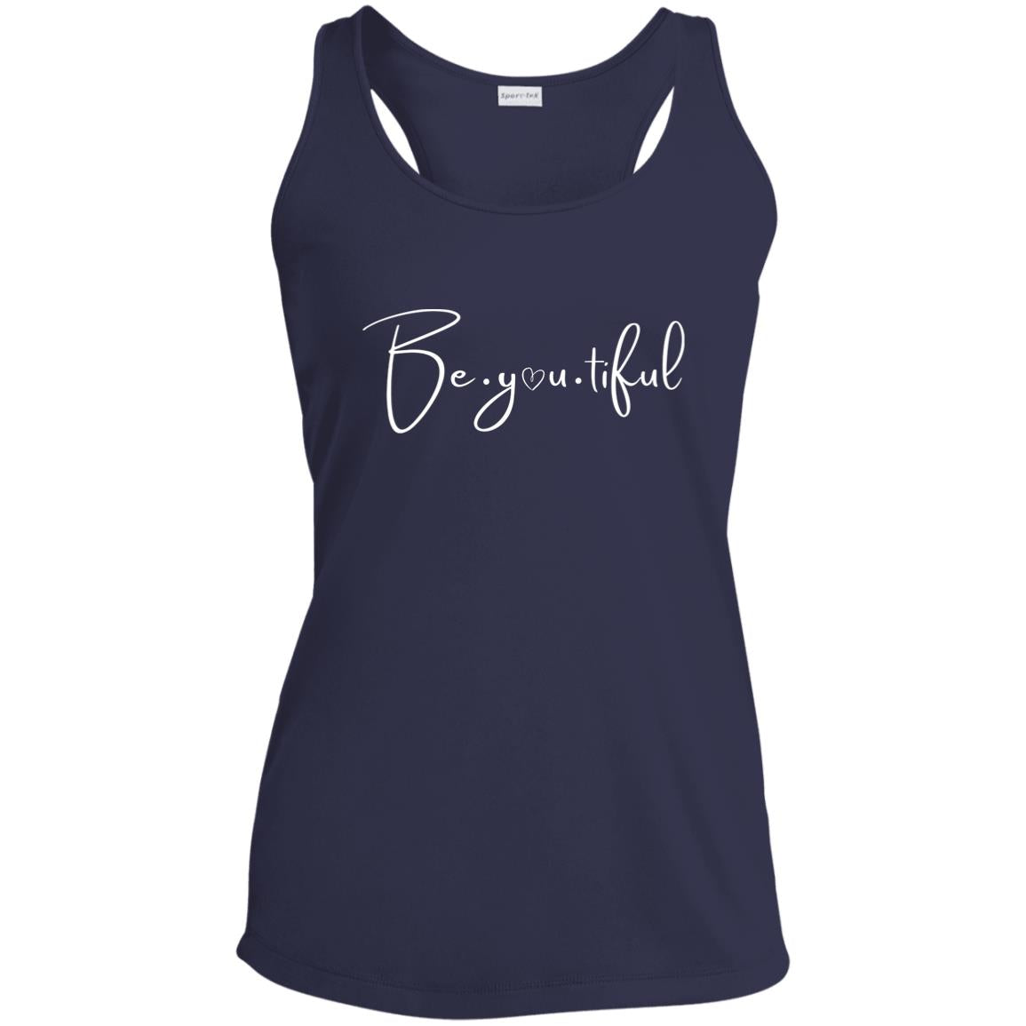 Beyoutiful Racerback Tank - navy - white Lettering