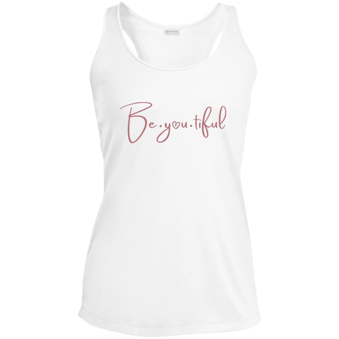 Beyoutiful Racerback Tank - white - pink Lettering