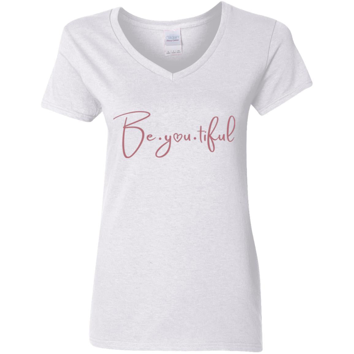 Beyoutiful V-Neck T-Shirt - White - pink lettering