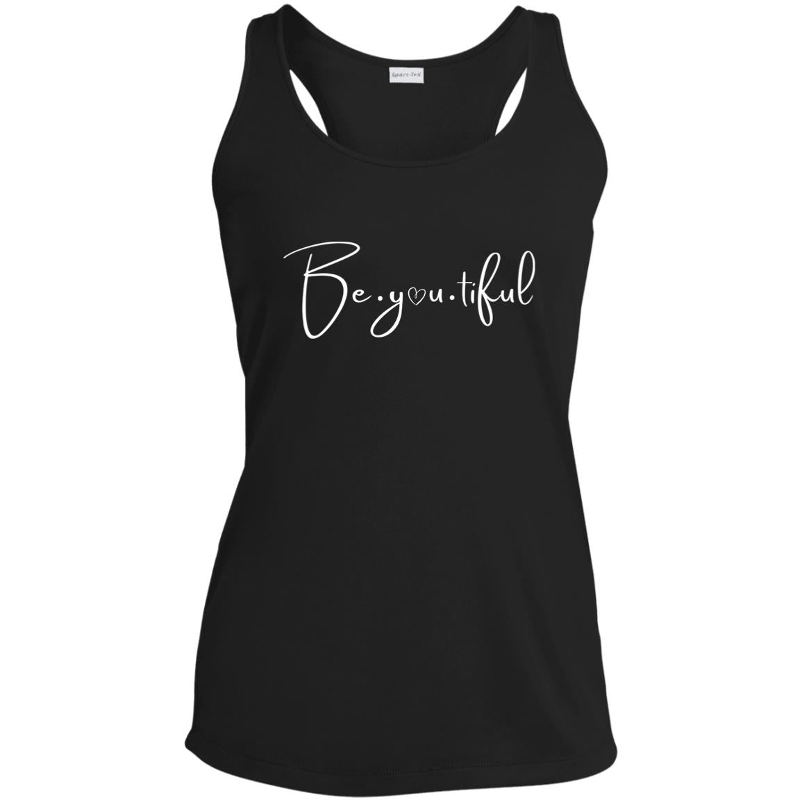 Beyoutiful Racerback Tank - black - white Lettering