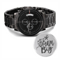 Water resistant and scratch proof Black Chronograph Watch with a three-dial face and calendar function. Dream Big engraved on the back.