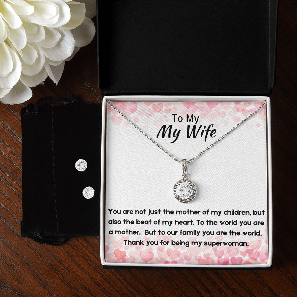 Gift for Wife, 14k White Gold Finish Pendant Necklace and Earrings Set with Cubic Zirconia Crystals