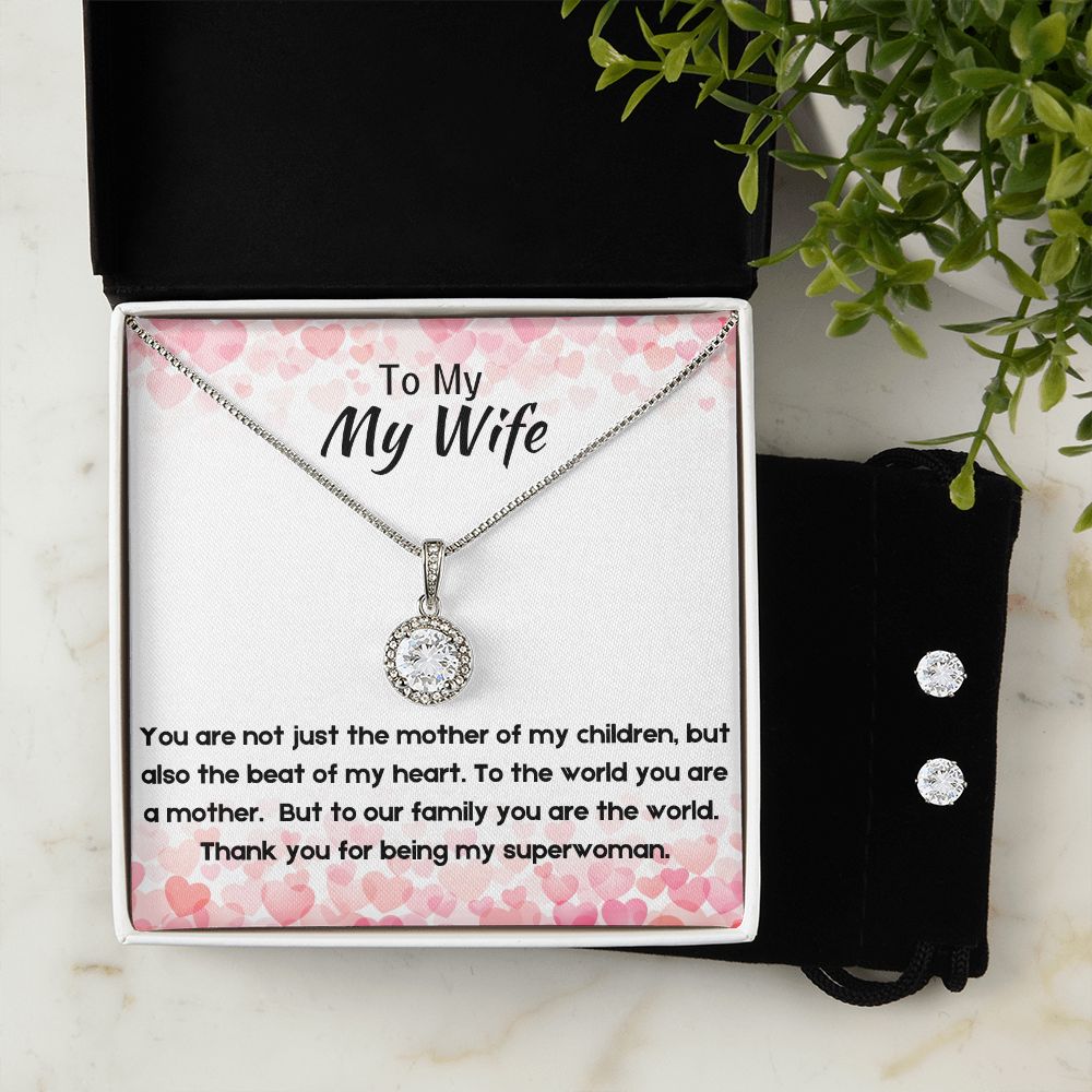 Gift for Wife, 14k White Gold Finish Pendant Necklace and Earrings Set with Cubic Zirconia Crystals