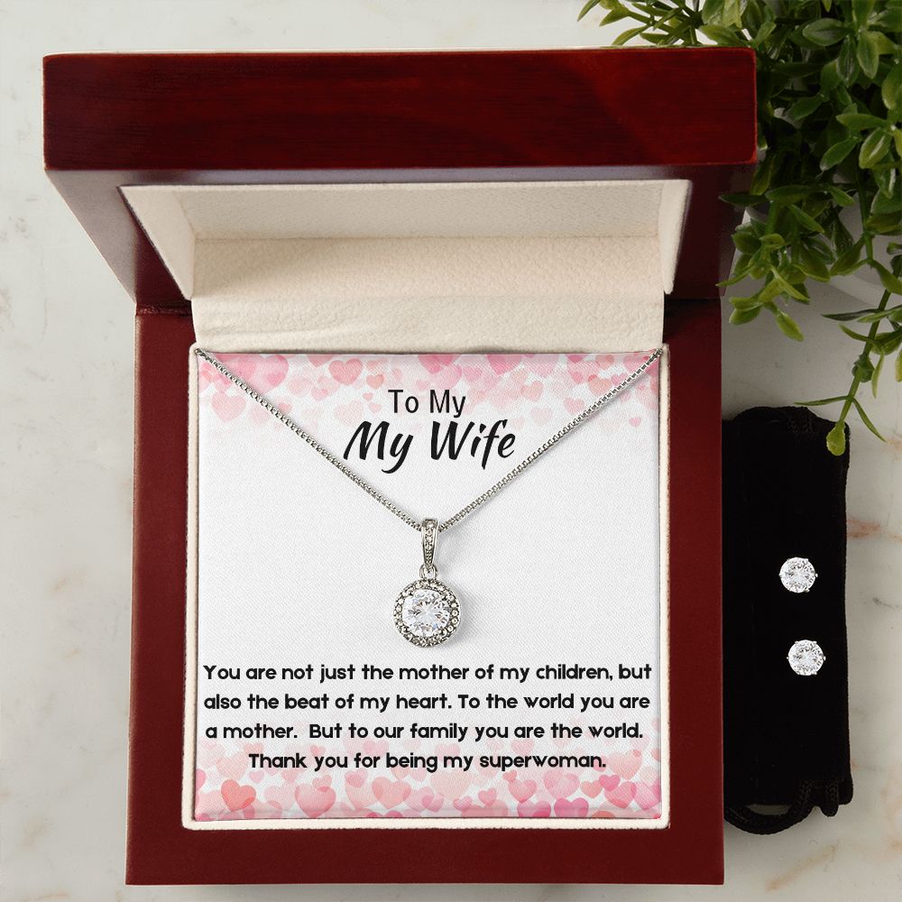 Gift for Wife, 14k White Gold Finish Pendant Necklace and Earrings Set with Cubic Zirconia Crystals