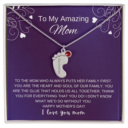 Custom Baby Feet Necklace with Birthstone | Engraved Baby Feet Necklace with Birthstone | Mother's Day Gift for Mom