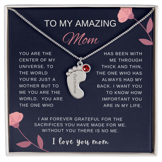 Custom Baby Feet Necklace with Birthstone | Engraved Baby Feet Necklace with Birthstone | Mother's Day Gift for Mom