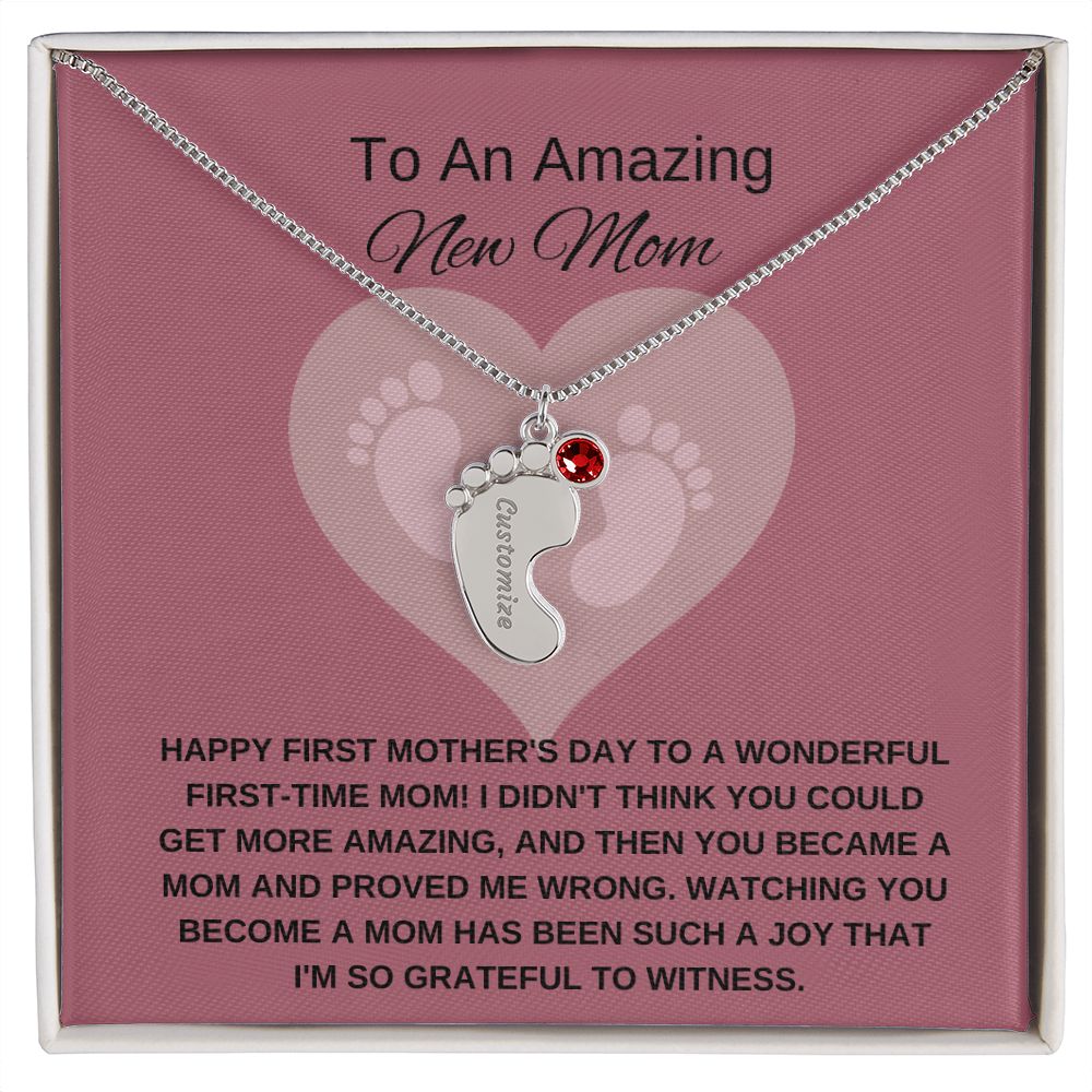 New Mom Gift | Mother's Day Gift for New Mom | Custom Name Necklace | Engraved Baby Foot Necklace with Birthstone