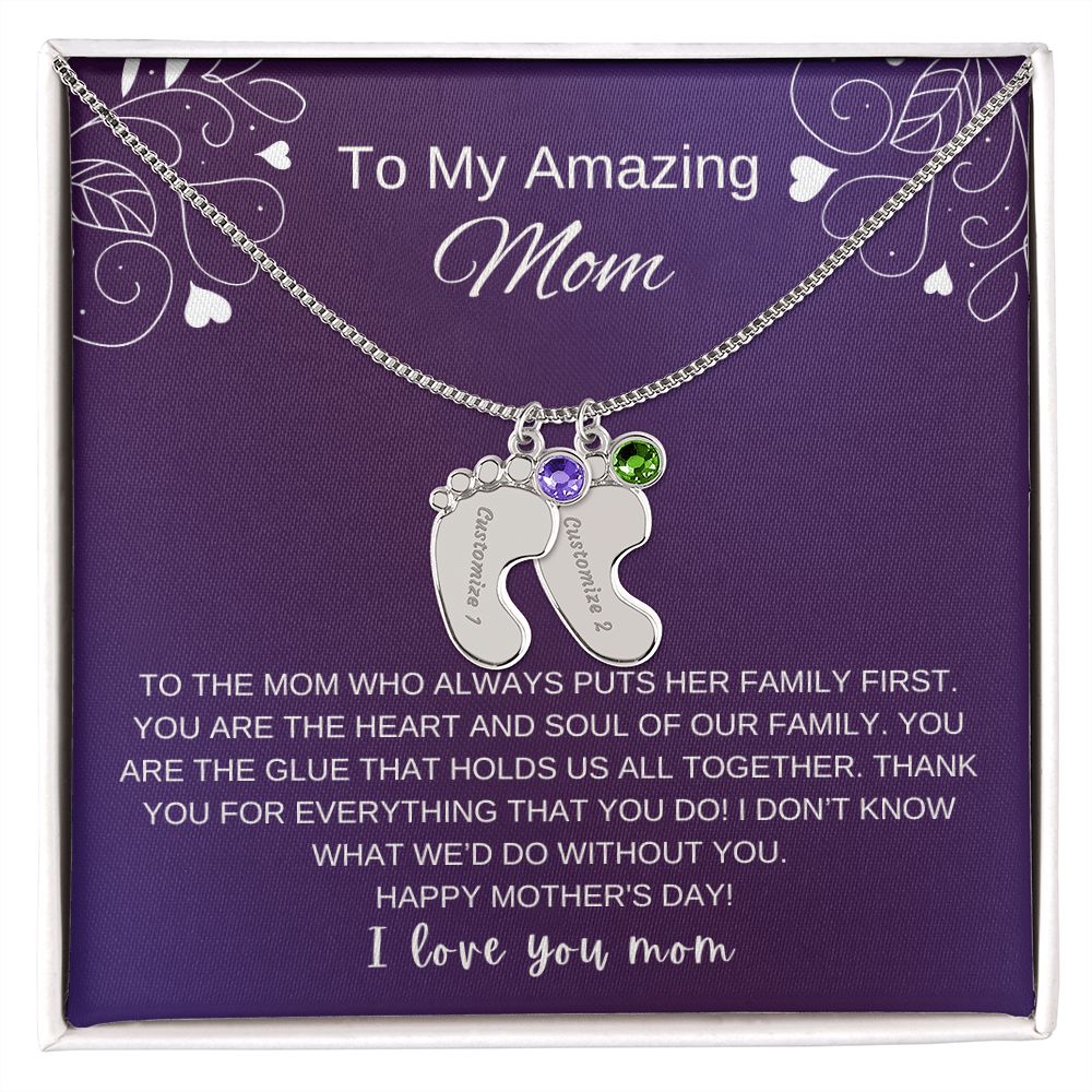 Custom Baby Feet Necklace with Birthstone | Engraved Baby Feet Necklace with Birthstone | Mother's Day Gift for Mom