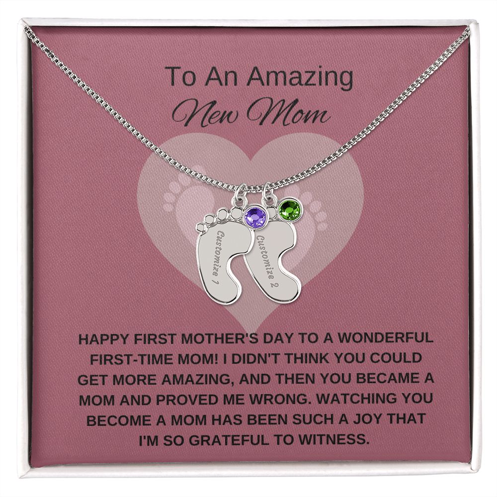 New Mom Gift | Mother's Day Gift for New Mom | Custom Name Necklace | Engraved Baby Foot Necklace with Birthstone