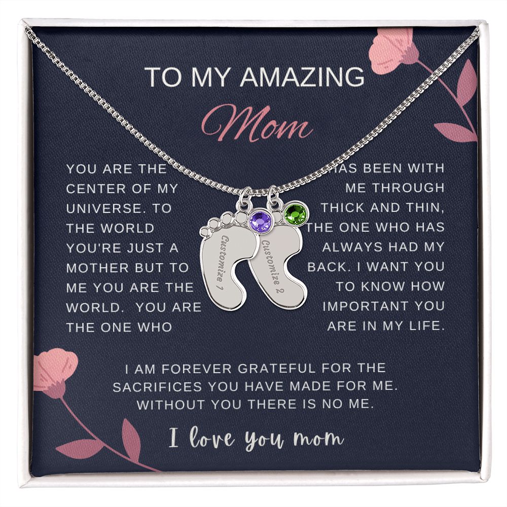 Custom Baby Feet Necklace with Birthstone | Engraved Baby Feet Necklace with Birthstone | Mother's Day Gift for Mom