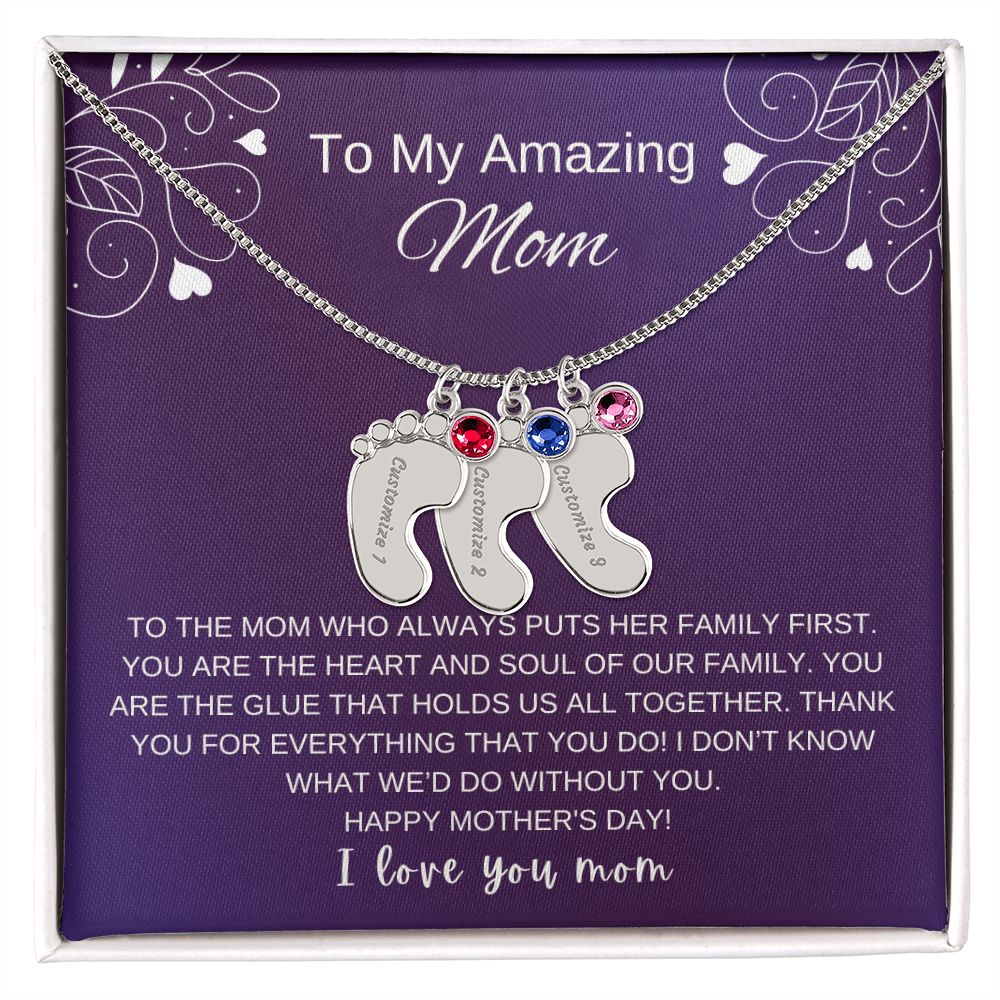 Custom Baby Feet Necklace with Birthstone | Engraved Baby Feet Necklace with Birthstone | Mother's Day Gift for Mom