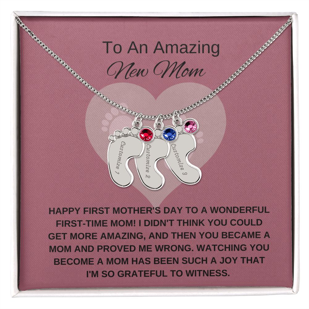New Mom Gift | Mother's Day Gift for New Mom | Custom Name Necklace | Engraved Baby Foot Necklace with Birthstone