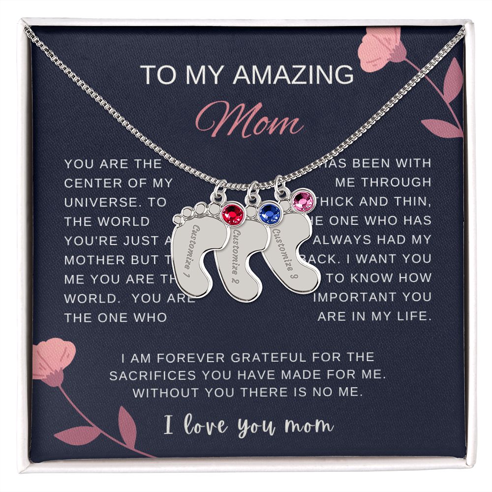 Custom Baby Feet Necklace with Birthstone | Engraved Baby Feet Necklace with Birthstone | Mother's Day Gift for Mom