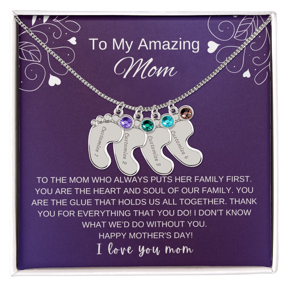 Custom Baby Feet Necklace with Birthstone | Engraved Baby Feet Necklace with Birthstone | Mother's Day Gift for Mom