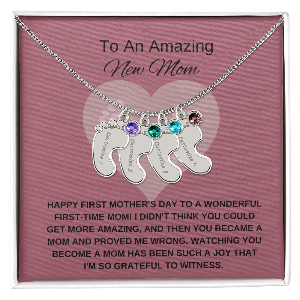 New Mom Gift | Mother's Day Gift for New Mom | Custom Name Necklace | Engraved Baby Foot Necklace with Birthstone