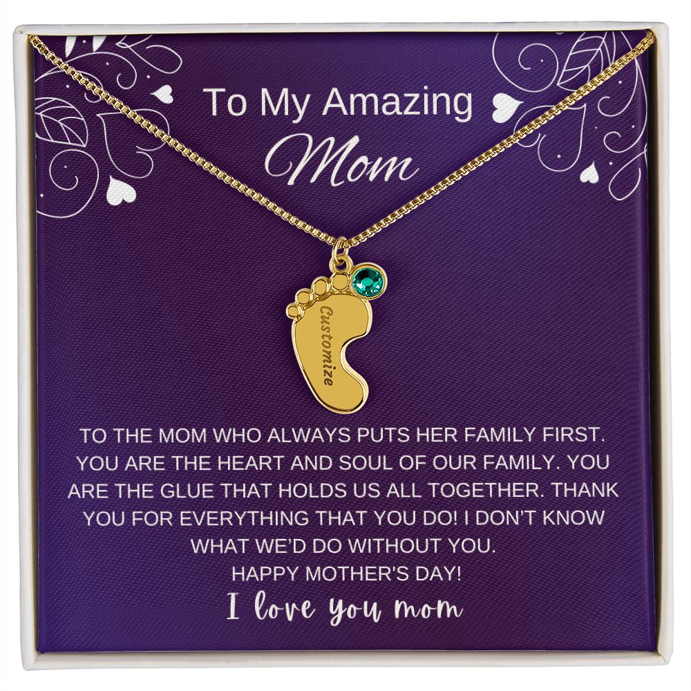 Custom Baby Feet Necklace with Birthstone | Engraved Baby Feet Necklace with Birthstone | Mother's Day Gift for Mom