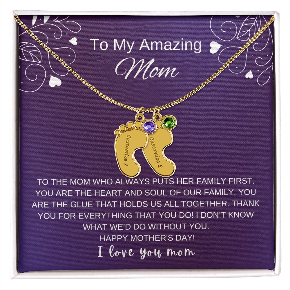 Custom Baby Feet Necklace with Birthstone | Engraved Baby Feet Necklace with Birthstone | Mother's Day Gift for Mom