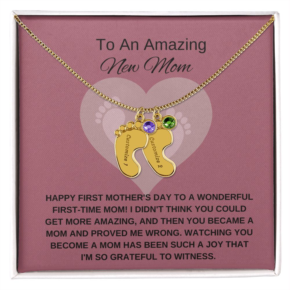 New Mom Gift | Mother's Day Gift for New Mom | Custom Name Necklace | Engraved Baby Foot Necklace with Birthstone