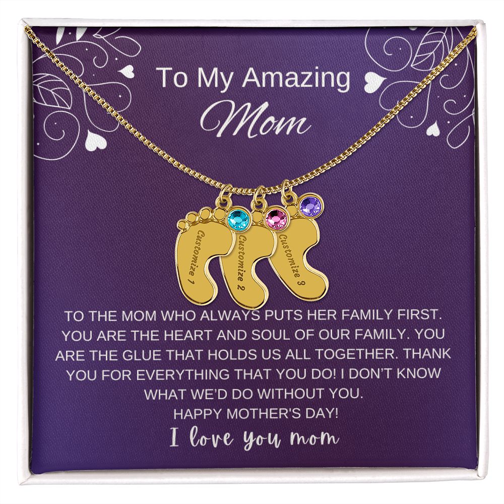 Custom Baby Feet Necklace with Birthstone | Engraved Baby Feet Necklace with Birthstone | Mother's Day Gift for Mom