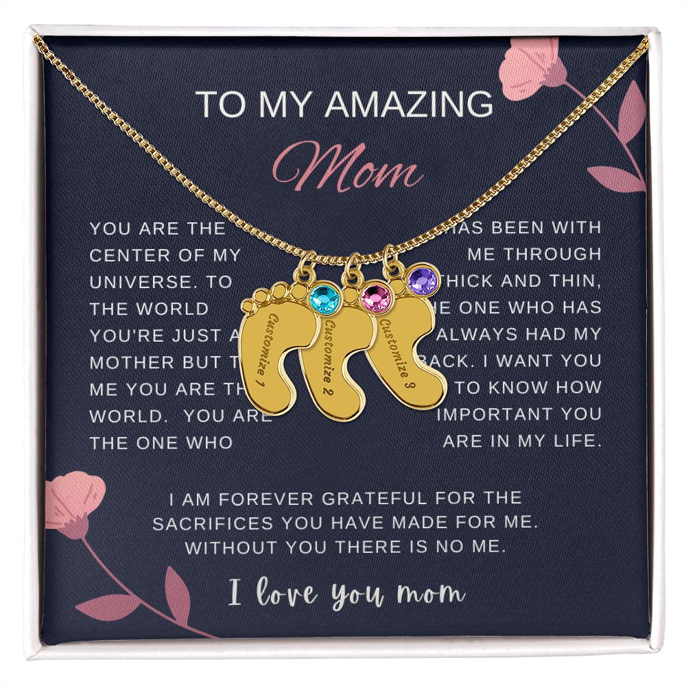 Custom Baby Feet Necklace with Birthstone | Engraved Baby Feet Necklace with Birthstone | Mother's Day Gift for Mom