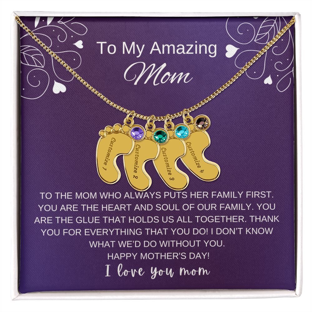 Custom Baby Feet Necklace with Birthstone | Engraved Baby Feet Necklace with Birthstone | Mother's Day Gift for Mom