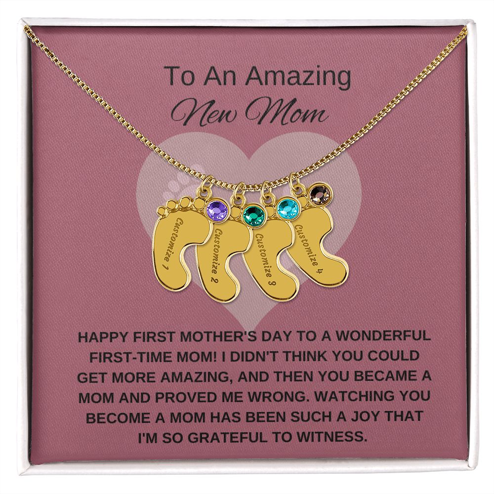 New Mom Gift | Mother's Day Gift for New Mom | Custom Name Necklace | Engraved Baby Foot Necklace with Birthstone