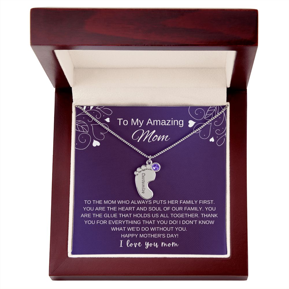 Custom Baby Feet Necklace with Birthstone | Engraved Baby Feet Necklace with Birthstone | Mother's Day Gift for Mom