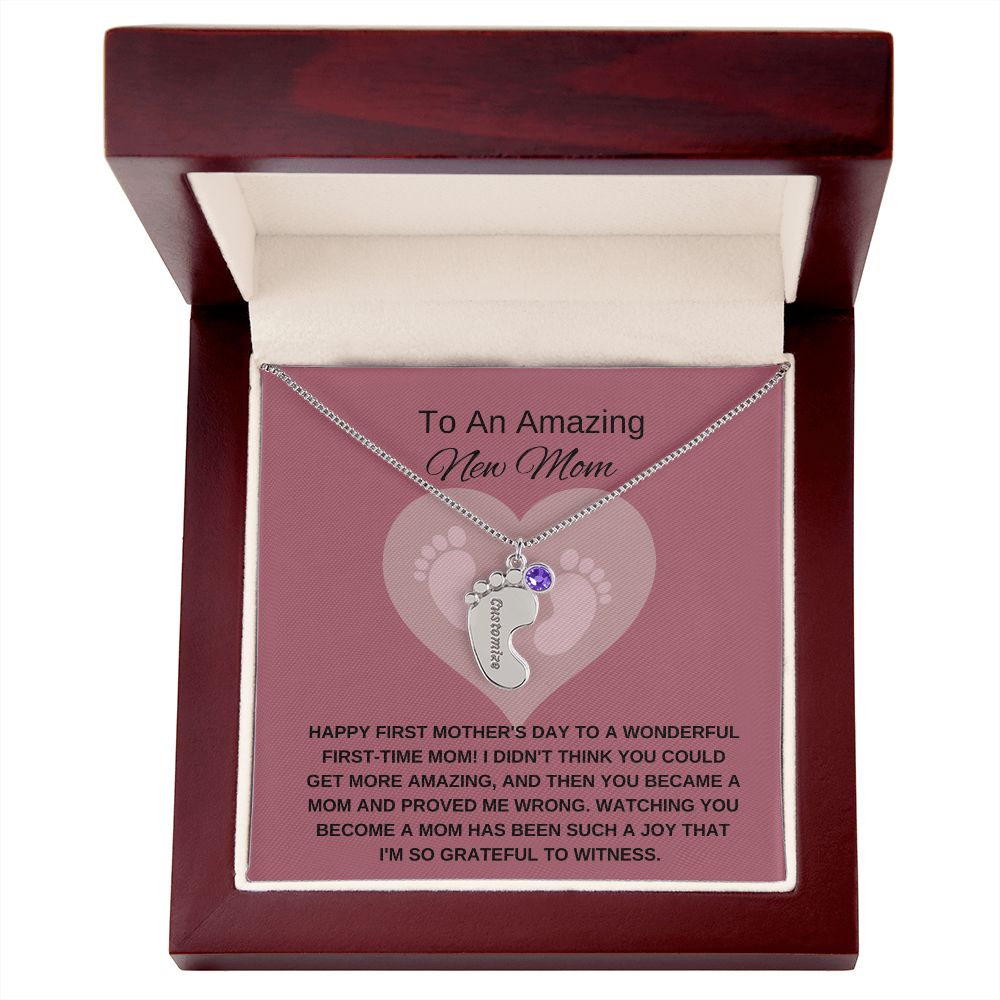 New Mom Gift | Mother's Day Gift for New Mom | Custom Name Necklace | Engraved Baby Foot Necklace with Birthstone