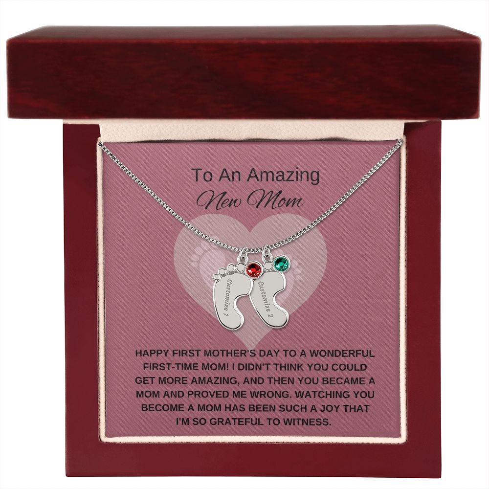 New Mom Gift | Mother's Day Gift for New Mom | Custom Name Necklace | Engraved Baby Foot Necklace with Birthstone