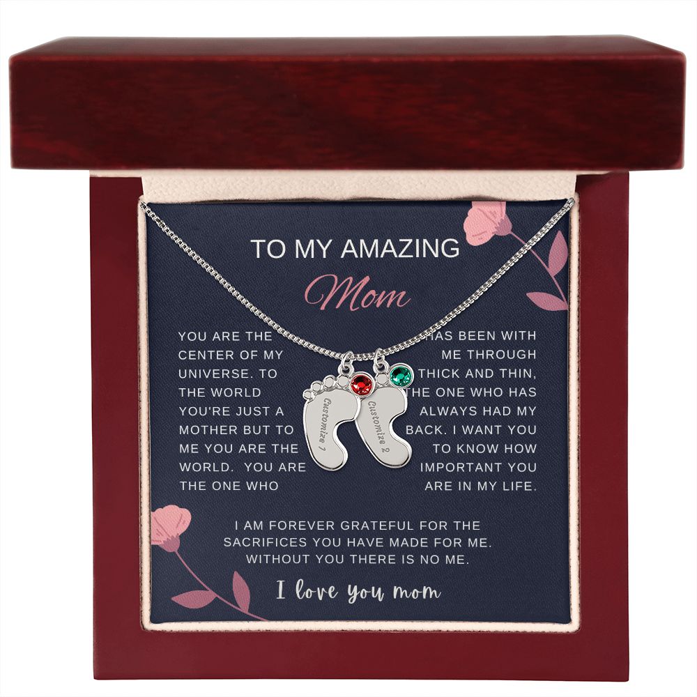 Custom Baby Feet Necklace with Birthstone | Engraved Baby Feet Necklace with Birthstone | Mother's Day Gift for Mom