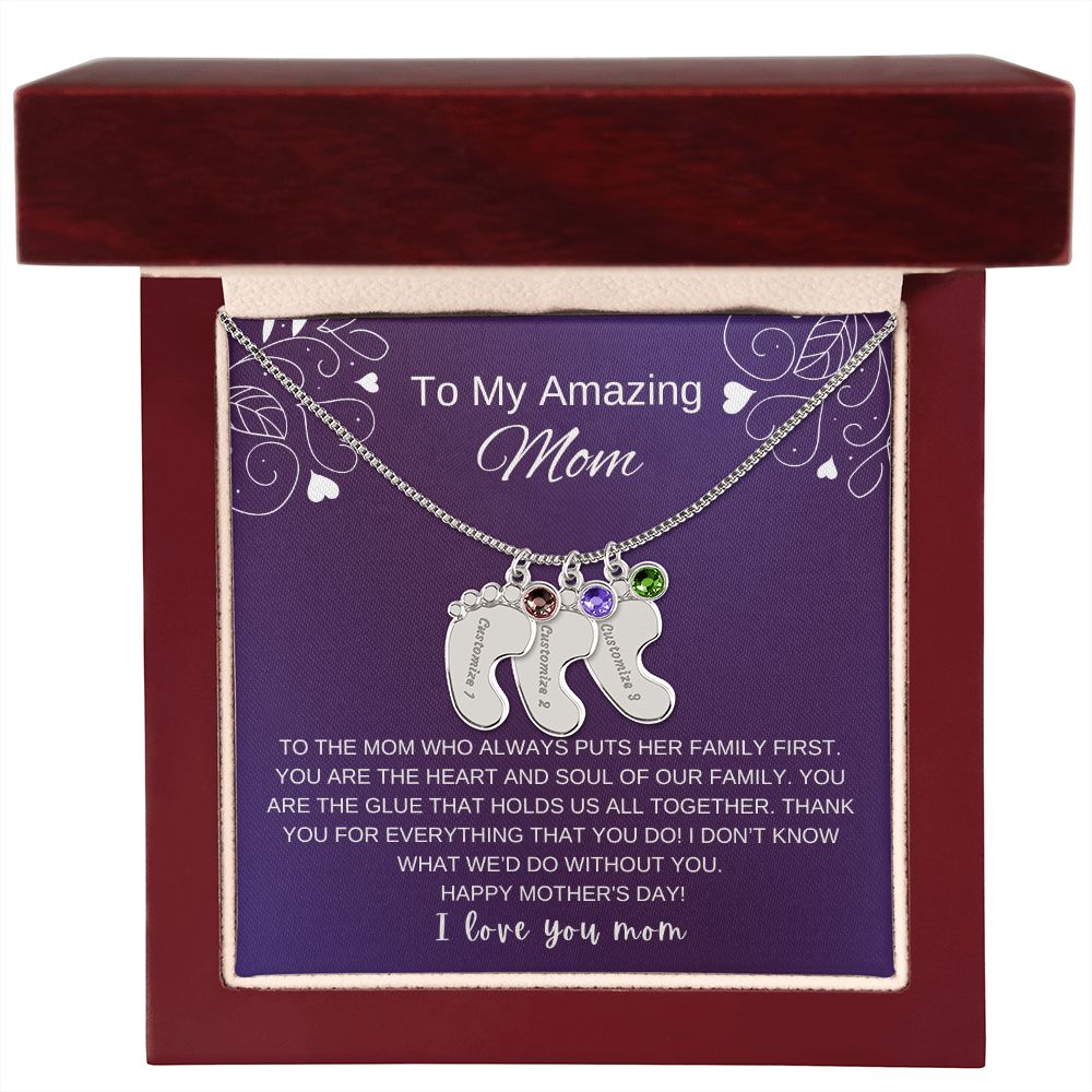 Custom Baby Feet Necklace with Birthstone | Engraved Baby Feet Necklace with Birthstone | Mother's Day Gift for Mom
