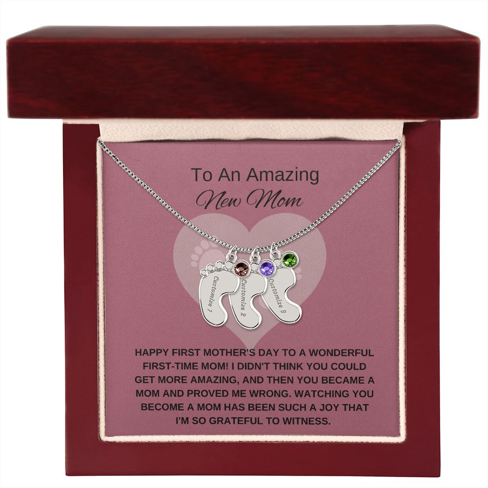 New Mom Gift | Mother's Day Gift for New Mom | Custom Name Necklace | Engraved Baby Foot Necklace with Birthstone