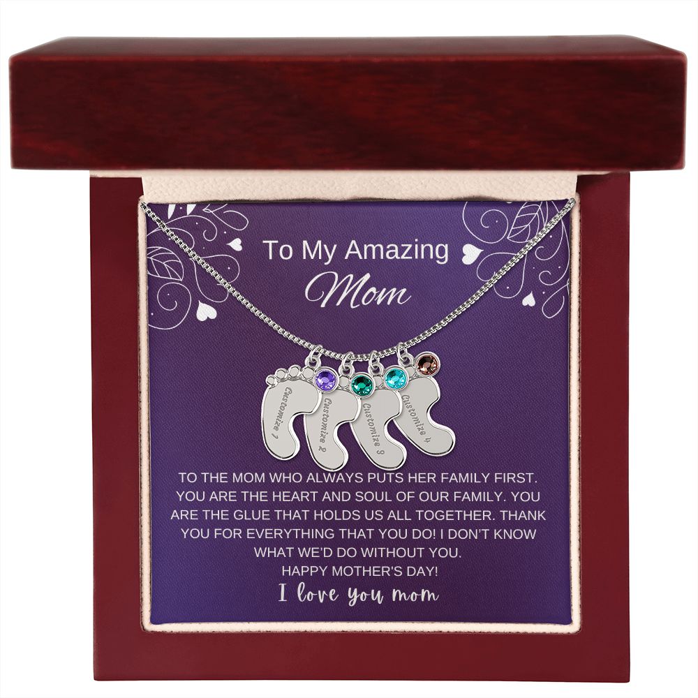 Custom Baby Feet Necklace with Birthstone | Engraved Baby Feet Necklace with Birthstone | Mother's Day Gift for Mom