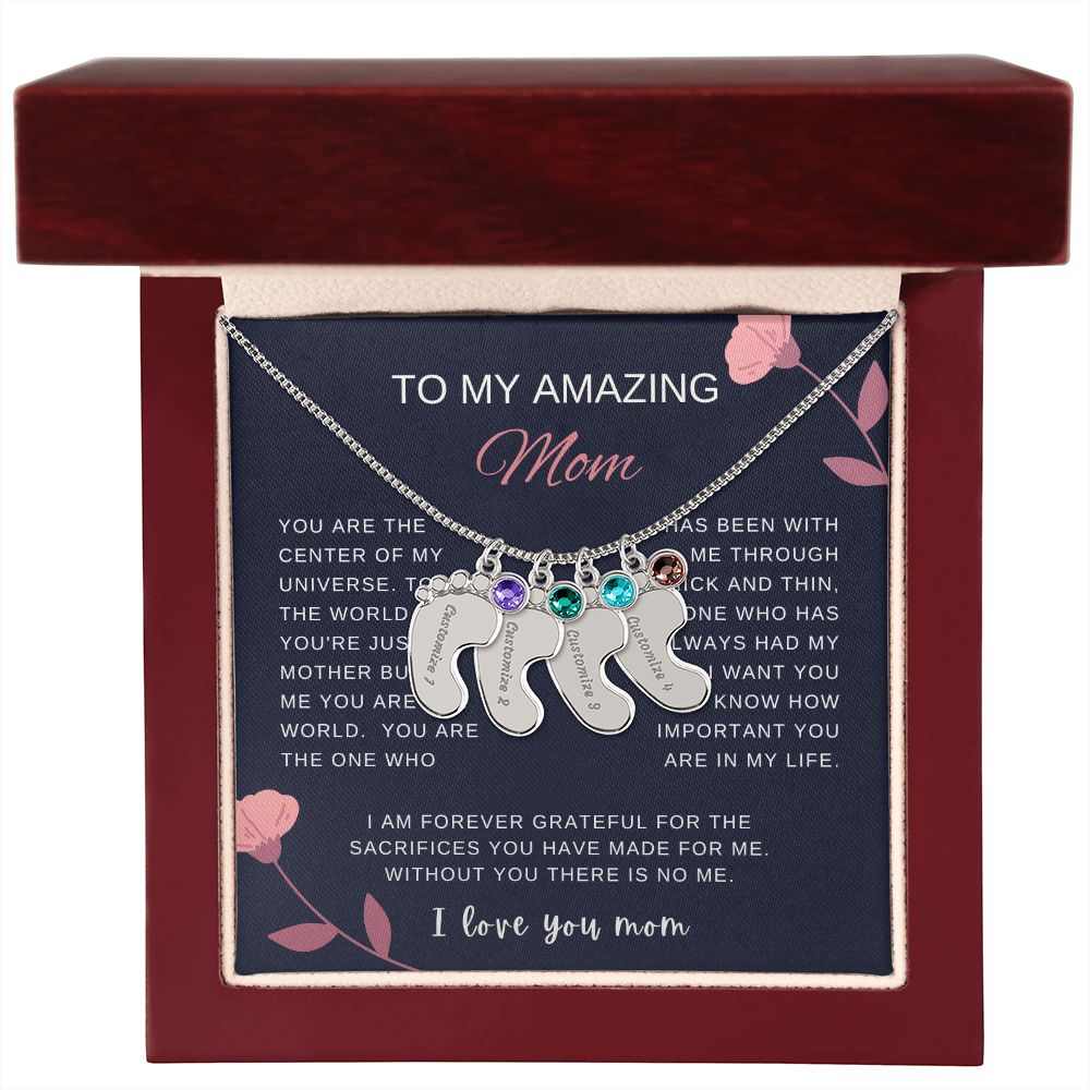 Custom Baby Feet Necklace with Birthstone | Engraved Baby Feet Necklace with Birthstone | Mother's Day Gift for Mom