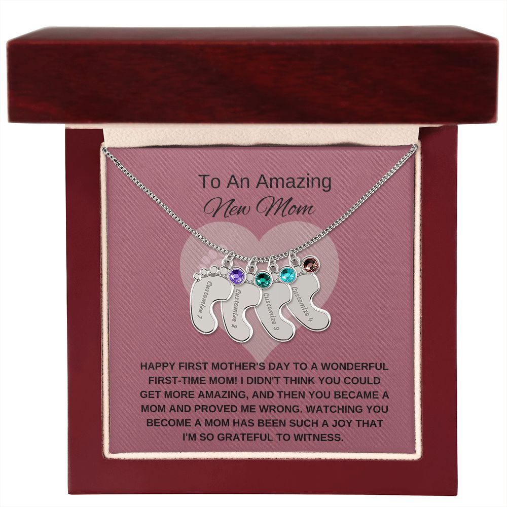 New Mom Gift | Mother's Day Gift for New Mom | Custom Name Necklace | Engraved Baby Foot Necklace with Birthstone
