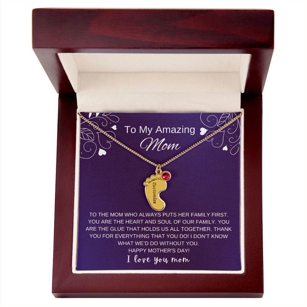 Custom Baby Feet Necklace with Birthstone | Engraved Baby Feet Necklace with Birthstone | Mother's Day Gift for Mom