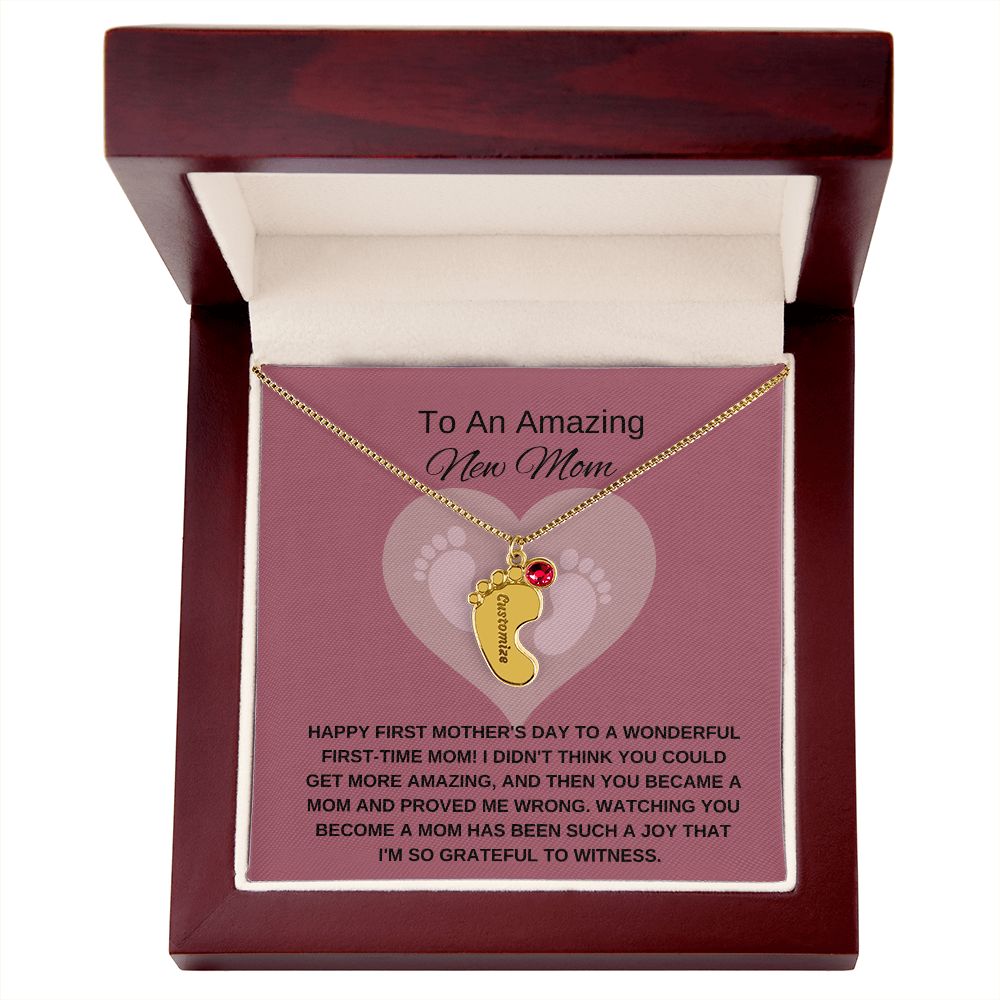 New Mom Gift | Mother's Day Gift for New Mom | Custom Name Necklace | Engraved Baby Foot Necklace with Birthstone