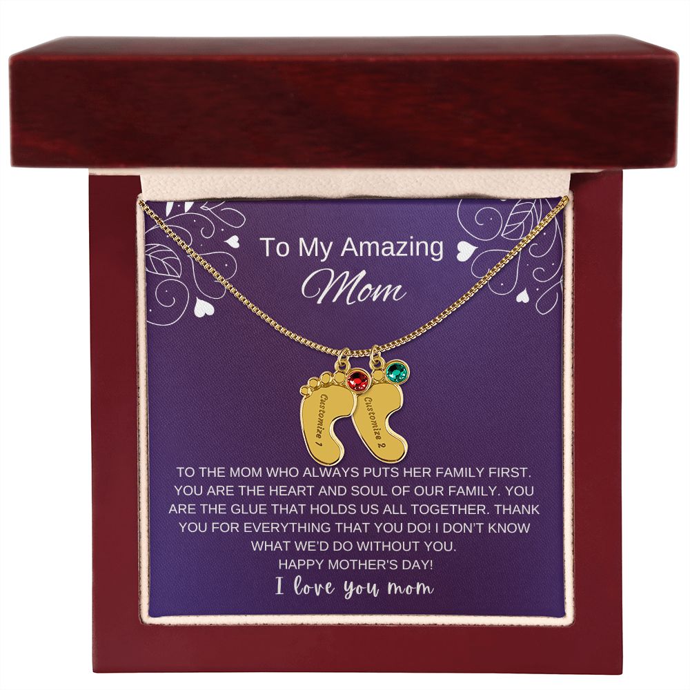 Custom Baby Feet Necklace with Birthstone | Engraved Baby Feet Necklace with Birthstone | Mother's Day Gift for Mom