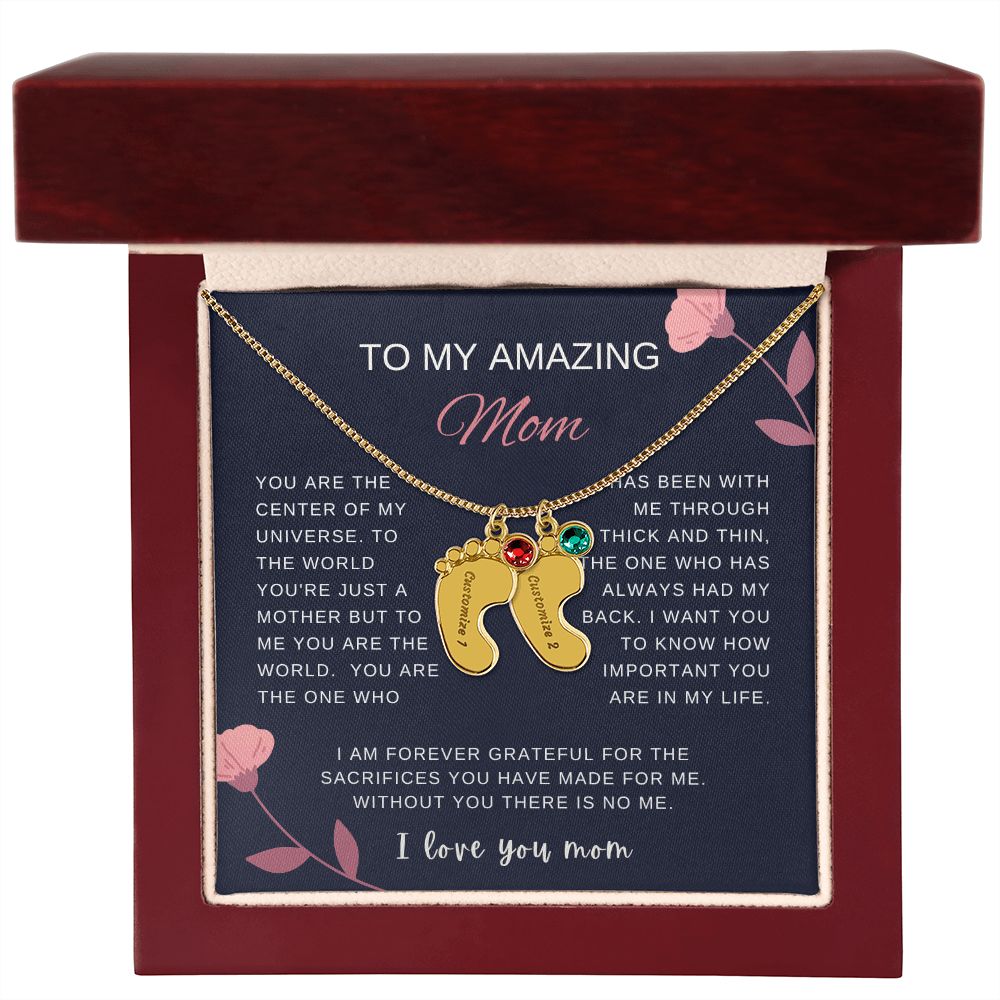 Custom Baby Feet Necklace with Birthstone | Engraved Baby Feet Necklace with Birthstone | Mother's Day Gift for Mom
