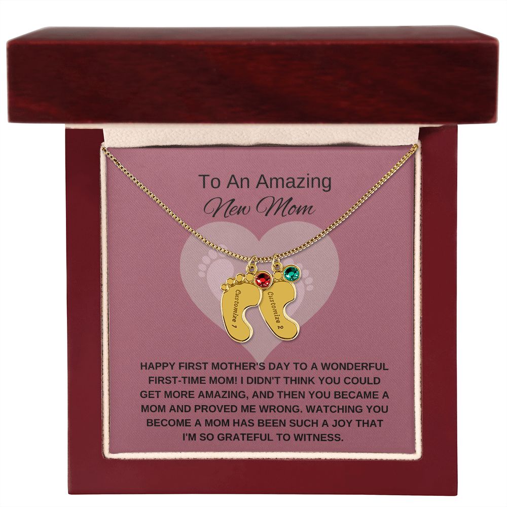New Mom Gift | Mother's Day Gift for New Mom | Custom Name Necklace | Engraved Baby Foot Necklace with Birthstone