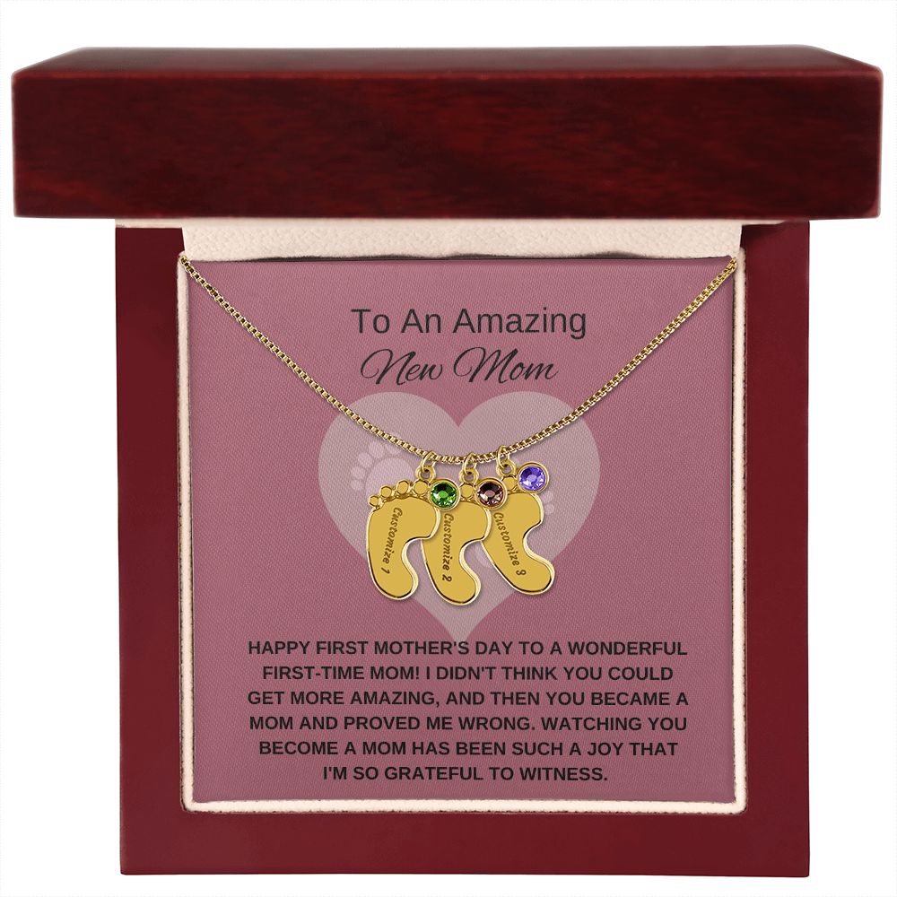 New Mom Gift | Mother's Day Gift for New Mom | Custom Name Necklace | Engraved Baby Foot Necklace with Birthstone