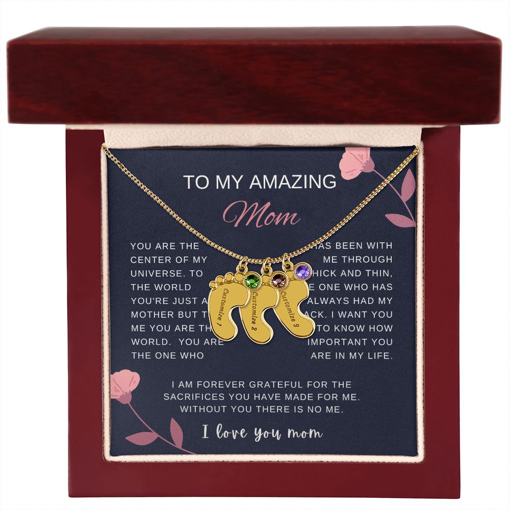 Custom Baby Feet Necklace with Birthstone | Engraved Baby Feet Necklace with Birthstone | Mother's Day Gift for Mom