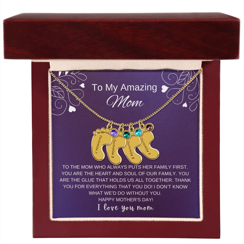 Custom Baby Feet Necklace with Birthstone | Engraved Baby Feet Necklace with Birthstone | Mother's Day Gift for Mom