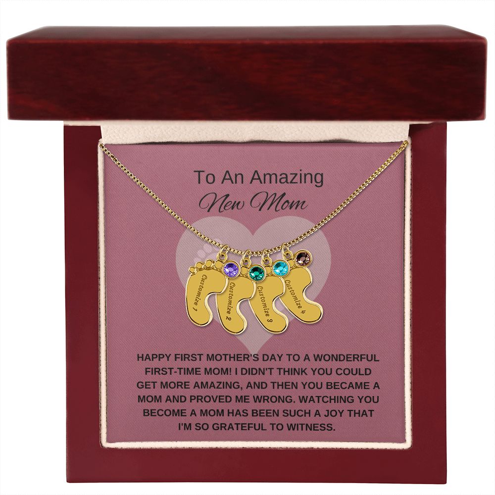 New Mom Gift | Mother's Day Gift for New Mom | Custom Name Necklace | Engraved Baby Foot Necklace with Birthstone