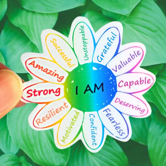 sunflower affirmation sticker, I'm AM affirmation sticker. I am unstoppable, I am grateful, I am valuable, I am capable, I am deserving, I am fearless, I am confident, I am motivated, I am resilient, I am strong, I am amazing, I am successful