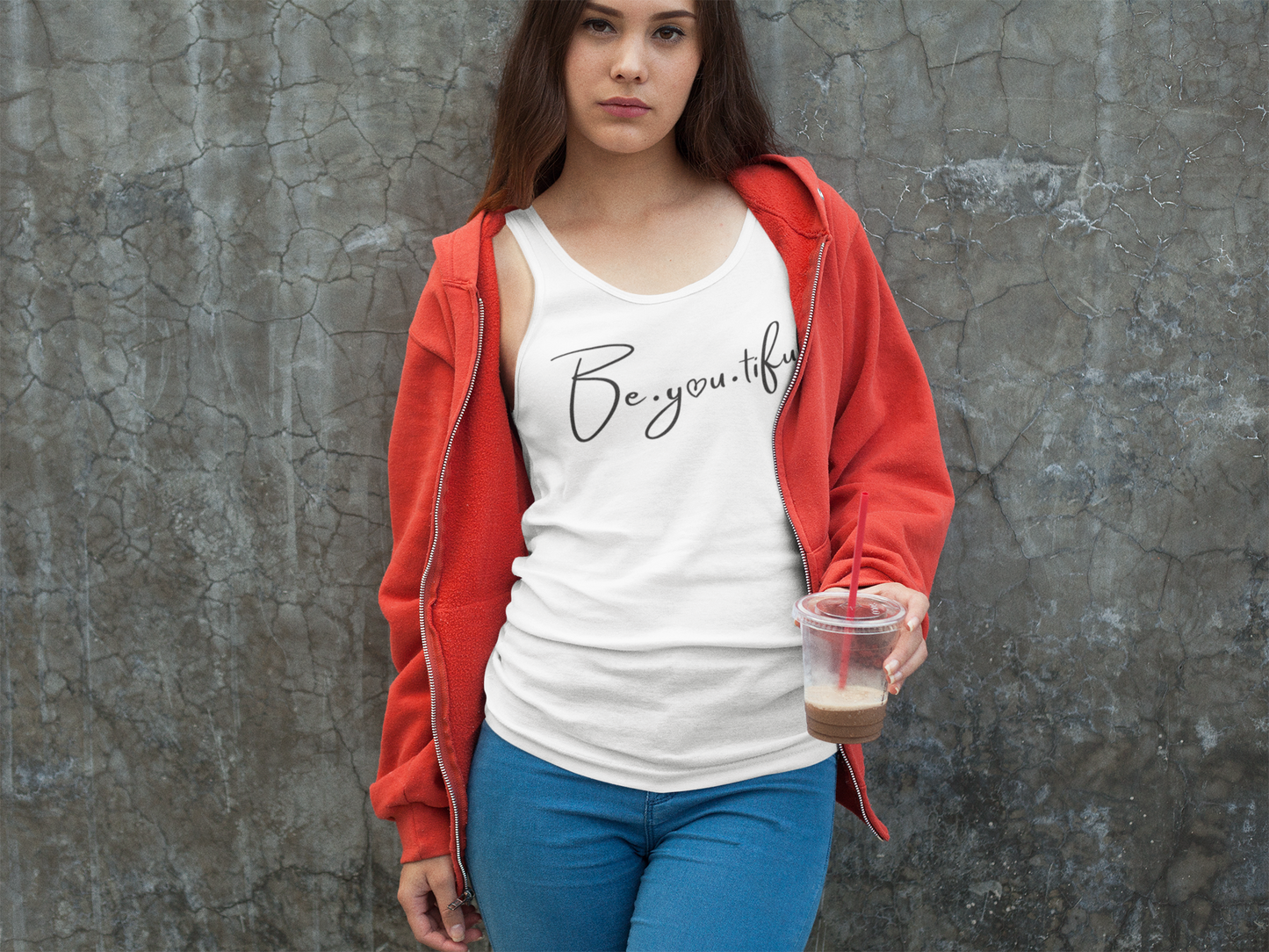 Beyoutiful Racerback Tank - White - Black Lettering