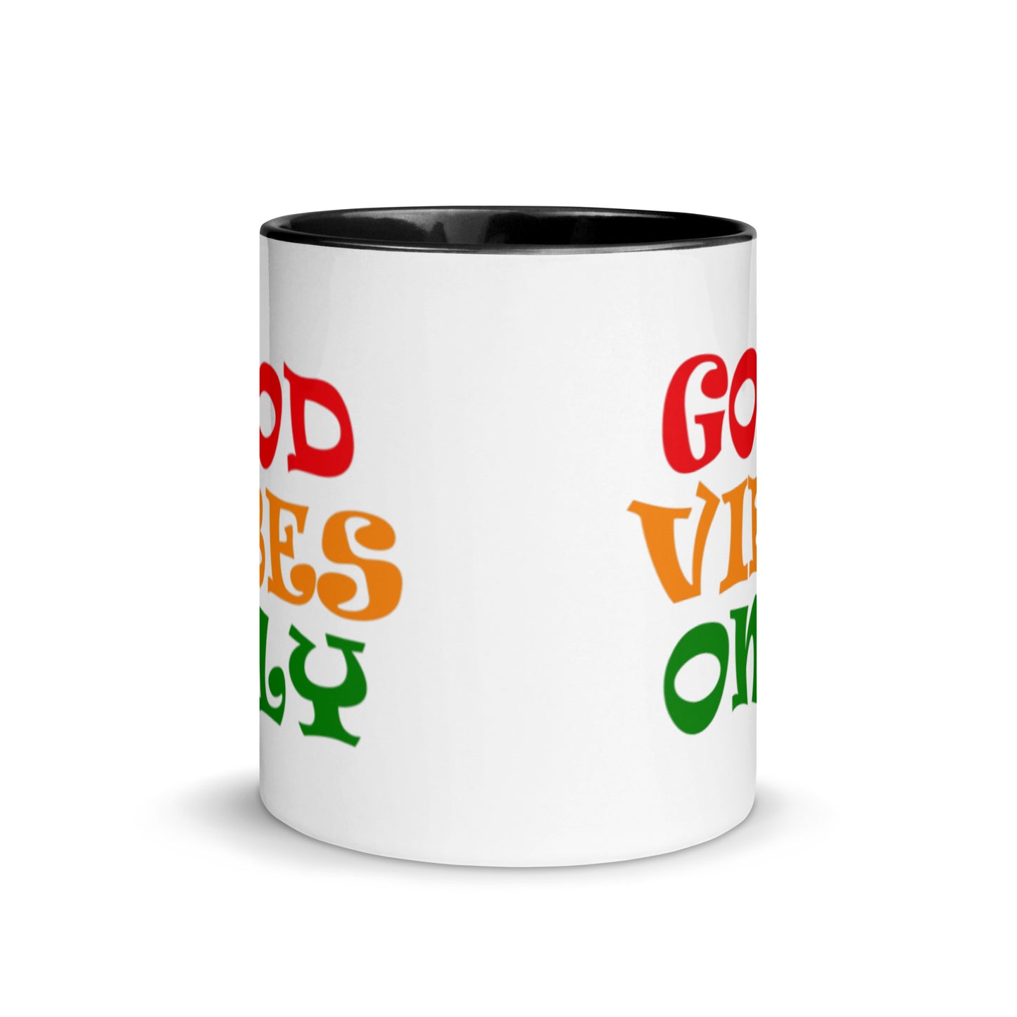 good vibes only ceramic mug, black interior and black handle